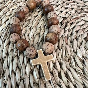 Natural Wood Beaded Bracelet with Cross Charm